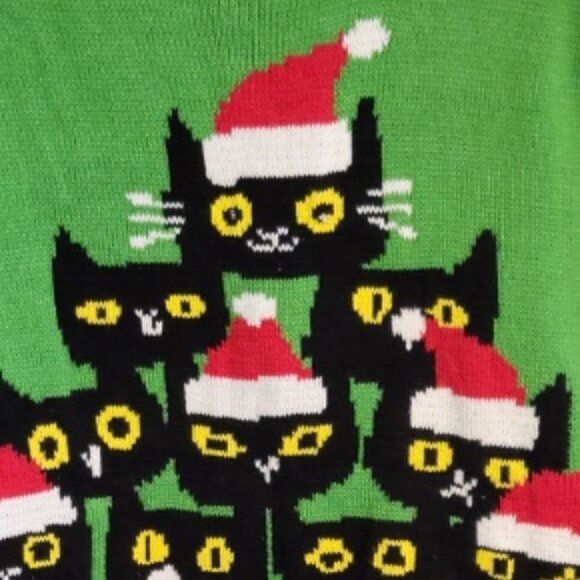 imagin8 Christmas Cat Sweater Cotton Blend Light Up Eyes Green & Black Size XL - Picture 5 of 7